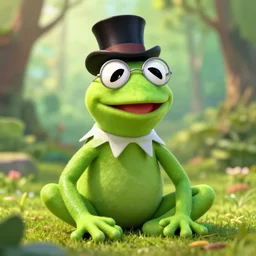 Kermit the frog wearing a top hat and glasses in a bright forest, 3d render, realistic