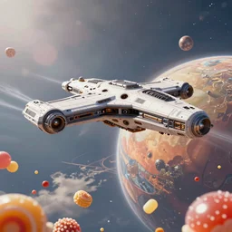 scifi spaceship landing on a planet full of sweets, hyperrealistic, ultra realistic, realistic, highly detailed, epic, HD quality, 8k resolution