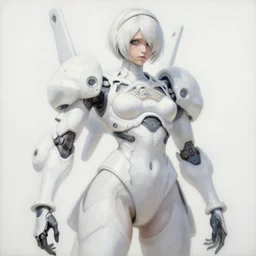 an intricate oil painting of a giant pristine white anime humanoid feminine mecha with rounded components by simon stalenhag, inspired by nier : automata, clean white lab background