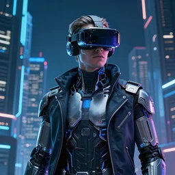 techno king wearing a mixed reality headset surrounded by futuristic city, cyber clothing, blue light, ultra detailed, intricate, concept art, 4 k, golden ratio,