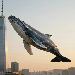 a huge whale is floating in the air near a skyscraper, epic, surreale, cinematic shot, golden hour, atmosphere, no water!. high definition