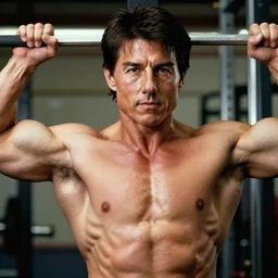 tom cruise steroid monster pumping iron, real still photograph close up looks at the camera