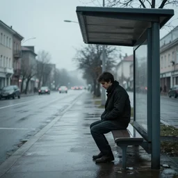 lonely man waiting at the bus stop on moody weather, rinat voligamsi