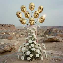 The full body shot of beautiful pale woman with white flowers and full-face golden mask in a rocky desert landscape, multiple eyes by Gaspar Noe and Christopher Doyle, anamorphic lens, anamorphic lens flares, kodakchrome, cinematic composition, practical effects, award winning photo, 8k