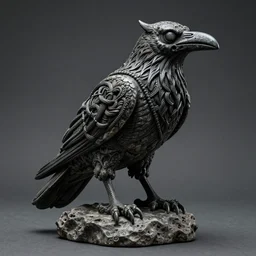 imposing scary intricate raven stone sculpture made of oily cords