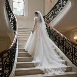 bride, going down the stairs, futurism, 4 k, high detail, award winning