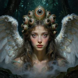 a neoclassicist close - up portrait of a big - eyed sci - fi angel with many eyes in a jungle at night. reflective textures. glowing fog. highly detailed fantasy science fiction painting by moebius, norman rockwell, frank frazetta, and syd mead. rich colors, high contrast, gloomy atmosphere, dark background. artstation