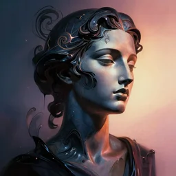 epic concept art. abstract female face silhouette mixing with black and color liquid fluid. abstract sculpture. art deco swirls. masterpiece, michelangelo. concept art, matte painting. greg rutkowski, wlop, victo ngai, kandinski, film still, cinematic, poster. magic hour, neon glows, perfect light, hard shadows