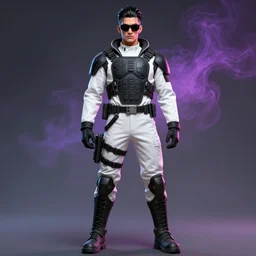 coherent detailed full body and face character design of realistic alt art androgynous agent slick black hair, white shirt kevlar tactical bulletproof armor jacket sunglasses heroic pose smoky neon background artgerm greg rutkowski alphonse mucha trending