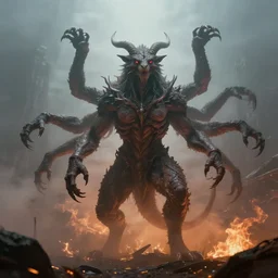 a mystical mythical creature with intentions of world domination, hyperrealism, foggy and fiery environment, multiple limbs, concept, trending on artstation, 4k