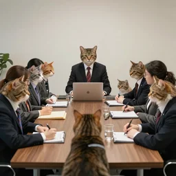 photo of cats dressed in suits attending a management board meeting. Highly detailed 8k. Intricate. Sony a7r iv 55mm. Stock photo.