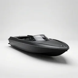 matte black speedboat, studio product photography, isolated on a pure white background, centered, entire object in frame, sharp focus, soft studio lighting