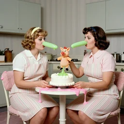 1976 two curvy women in a vintage kitchen baking a cake wearing an inflatable long prosthetic snout nose made of gooey green slime, soft color wearing stripes sitting on chairs covered in soft fabric, pink slime everywhere, grey striped walls, studio lighting 1976 color film archival footage holding a hand puppet that looks like Porky Pig, 16mm Russ Meyer John Waters Almodovar Doris Wishman