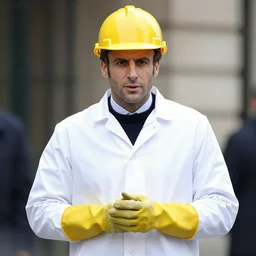 emmanuel macron wearing hivis coat, hard hat and rubber gloves, digital art