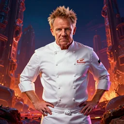 photorealistic gordon ramsay in a hellscape by michael whelan. hyperdetailed photorealism, 1 0 8 megapixels, amazing depth, high resolution, 3 d shading, 3 d finalrender, 3 d cinematic lighting, glowing rich colors, psychedelic overtones, artstation concept art.
