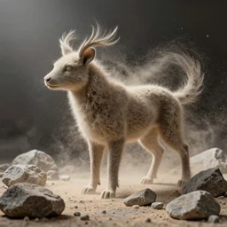 highly detailed photography of an animal made of dust particles, big rocks, sharp focus, dramatic scene, aesthetic, dynamic lighting, elegant, harmony, masterpiece, by kent williams, high quality