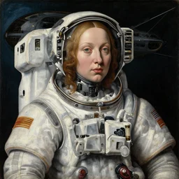 1 4 0 0 s renaissance portrait of an android woman astronaut with personal spaceship, with oil painting by jan van eyck, northern renaissance art, oil on canvas, wet - on - wet technique, realistic, expressive emotions, intricate textures, illusionistic detail