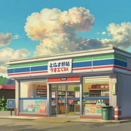 a digital art of a close up view of a convenience store on the beach, beautiful sky and clouds, colorful, by laurie greasley, artstation, studio ghibli color scheme