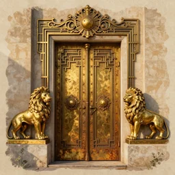 beautiful illustration, paper texture, detailed, ornate, art deco, large door flanked by brass lions, golden hour, rust, metal rivets
