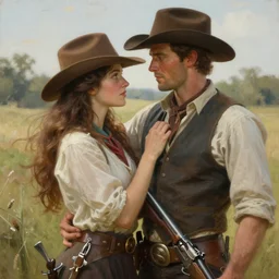 attractive gunslinger and his handsome cowboy swordsman, they are in love, natural lighting, path traced, highly detailed, high quality, digital painting, by gaston bussiere, craig mullins, alphonse mucha, j. c. leyendecker