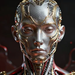 intricate image of a complex robotic human face, liquid simulation background, dramatic lighting, silver gold red details, hexagonal mesh wire, filigree intricate details, cinematic, fleshy musculature, elegant, octane render, 8k post-processing, by Yoshitaka Amano, Daytoner, Greg Tocchini