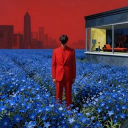 only with blue, a field of blue flowers, a single male in red suit standing between a flower field, in the style of beksinski, parts by edward hopper, parts by rodcenko, parts by yue minjun, intricate and epic composition, red by caravaggio, insanely quality, highly detailed, masterpiece, red light, artstation