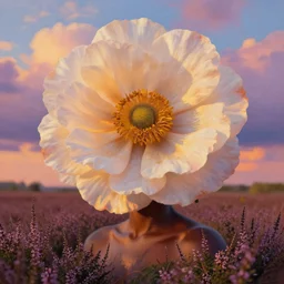 closeup, huge flower as head, african woman in heather field, surreal photography, golden hour, colorful clouds, impressionist painting, digital painting, artstation, simon stalenhag