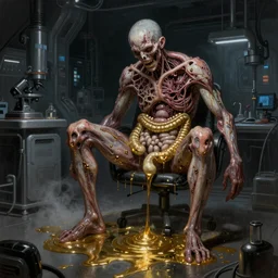 dark hi-tech sci-fi lab at night, realistic gustave coubert painting a hideous and sick human exposed guts crawling in two legs and dripping golden metalic fluid from intestine into a pool of golden liquid on the floor. Smokey atmosphere