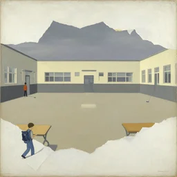 illustration of a 2 0 8 0 desolate school scene by shaun tan and norman rockwell, clean, emptyness, torn paper decollage, graphic novel, oil on canvas by edward hopper, ( by mattias adolfsson ), by moebius