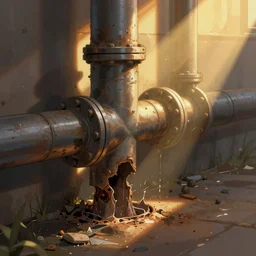corroded and leaking pipes, extremely detailed, cinematic lighting, illustration, digital art, crepuscular ray, trending on artstation, art by wlop and greg rutkowski, golden ratio