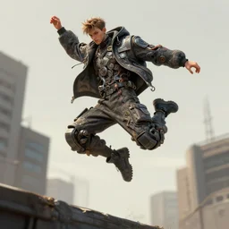 hand jump from a building, wearing cyberpunk intricate streetwear, beautiful, detailed portrait, intricate complexity, ilya kuvshinov, cell shaded, 4 k, concept art, by wlop, ilya kuvshinov, greg rutkowski