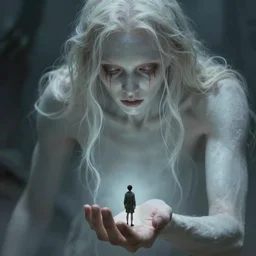 a tiny human grasped in the hand of an immense beautiful terrifying pale humanoid giant. ethereal horror fantasy art by greg rutkowski