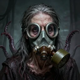 a female zombie with gasmask old woman | | elderly - face, wrinkled face, realistic shaded perfect face, fine details. anime. tentacles, eldritch abomination, dunwitch horror, realistic shaded lighting poster by greg rutkowski, magali villeneuve, artgerm, jeremy lipkin and michael garmash and rob rey