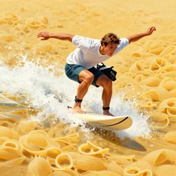 surfing in a sea of pasta, detailed realistic sport art, artgerm