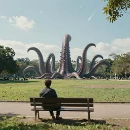 a film still of a man sitting on a bench in a park, sunny day, wide shot, massive tentacles are rising out of the ground in the distance, meteors falling from the sky — ar 3 : 2