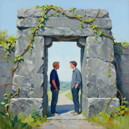 colorful peter mohrbacher and andreas rocha impasto!! acrylic painting of the slate stone gateway of a forgotten civilization. vines and creepers, stone etchings