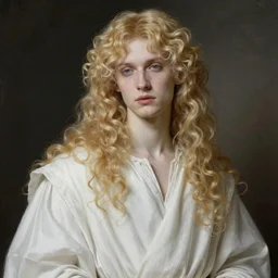 beautiful blond androgynous prince Lucius in white robes by john william waterhouse, preraphaelite style, long fluffy blond curly hair, pale porcelain white skin, detailed, defined, chiaroscuro