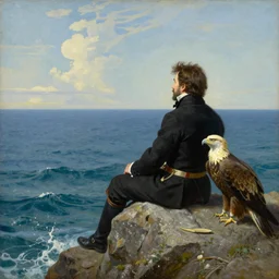 painting of napoleon sitting alone on a rock looking past a vast ocean, with a golden eagle sitting next to him.