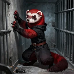 vampire : the masquerade ( world of darkness ) source book illustration of an anthropomorphic red - black furry weasel / ferret / stoat / ermine fursona ( from the furry fandom ) in prisoner's regalia, in a prison cell, scratching desperately at the walls with his claws ; pen detailing