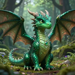 handsome cute emerald dragon in verdant forest, dnd character, background focus, high fantasy, magic, regal, realistic textured skin, gemstone textured scales, hawk feather, wings extended, lizard legs, regal pose, huge eyes, clear clean, by lya kushinov, avetetsuya studios, alexandra fomina art.