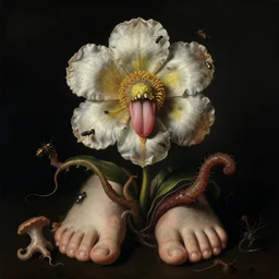 disgusting disturbing dutch golden age bizarre mutant flower floral still life with many human toes realistic human toes teeth drool tongue blossoming everywhere insects very detailed fungus tumor disturbing tendrils bizarre slimy forms sprouting up everywhere by rachel ruysch christian rex van minnen black background chiaroscuro dramatic lighting perfect composition high definition 8 k 1 0 8 0 p