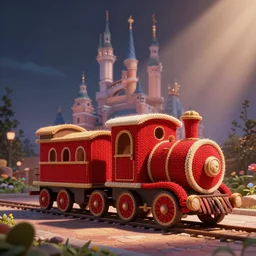 knitted red train located in dreamland, Disney style, trending on art station