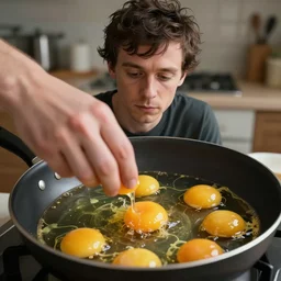 thom yorke as egg yolk while cooking on a pan, thom yorke is made of egg yolk he is egg yolk, realistic, hyperrealistic, ultra realistic, real, real world, highly detailed, very detailed, extremely detailed, intricate details, 8 k resolution, hd quality
