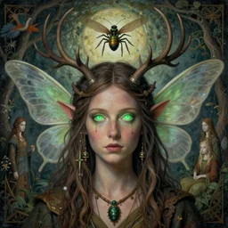a symmetrical matte portrait of hippy druidess with glowing green eyes, fairy wings and insect antlers, a soulscape of inner thought by hieronymus bosch, cyril rolando, esher and natalie shau, whimsical, profound, impossible. painted, intricate, trending on devaintart.