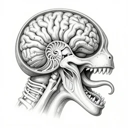 hyper-detailed color pencil antique medical illustration of Kaiju head crosssection, nautilus brain, ribcage, xhenomorph, with tentacles coming out of open mouth and exposed jaw bone, spinal column, cerebral corpus callosum, interventricular foramen, symmetrical