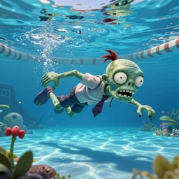 highly detailed full body portrait of a zombie swimming underwater in a zombie - apocalypse, in a swimming pool, style of plants vs zombies, octane render