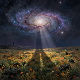 beautiful matte painting of a fantasy fields with galaxy in the sky