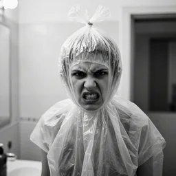angry schizo, plastic bag on head, in a bathroom, black and white photography