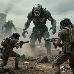 documentary film still, soldiers fighting monsters, predator