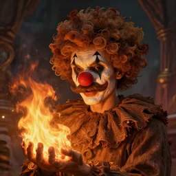 a mustache man wearing brown rags clown wig clown nose, on fire, d & d, intricate, elegant, volumetric lighting, scenery, digital painting, highly detailed, artstation, sharp focus, illustration, concept art, ruan jia, steve mccurry
